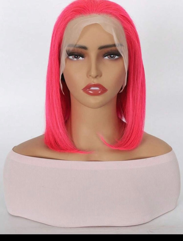 100% Human Hair Pink Full Frontal Bob Wig  - 13x4 14 inch