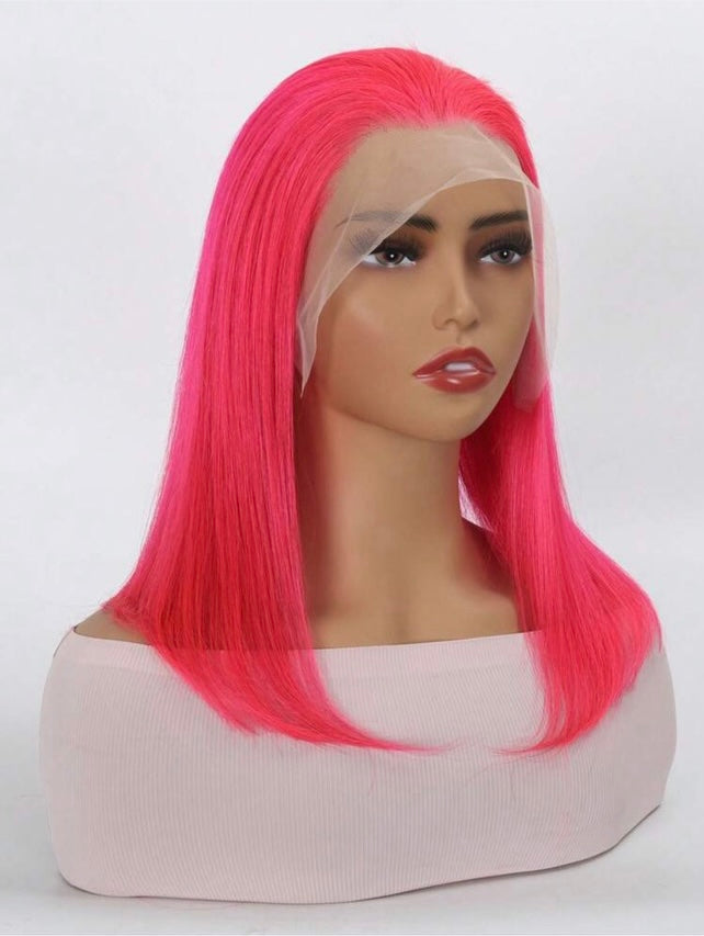 100% Human Hair Pink Full Frontal Bob Wig  - 13x4 14 inch